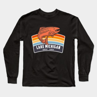 Lake Michigan Great Lakes Salmon Fishing Graphic Long Sleeve T-Shirt